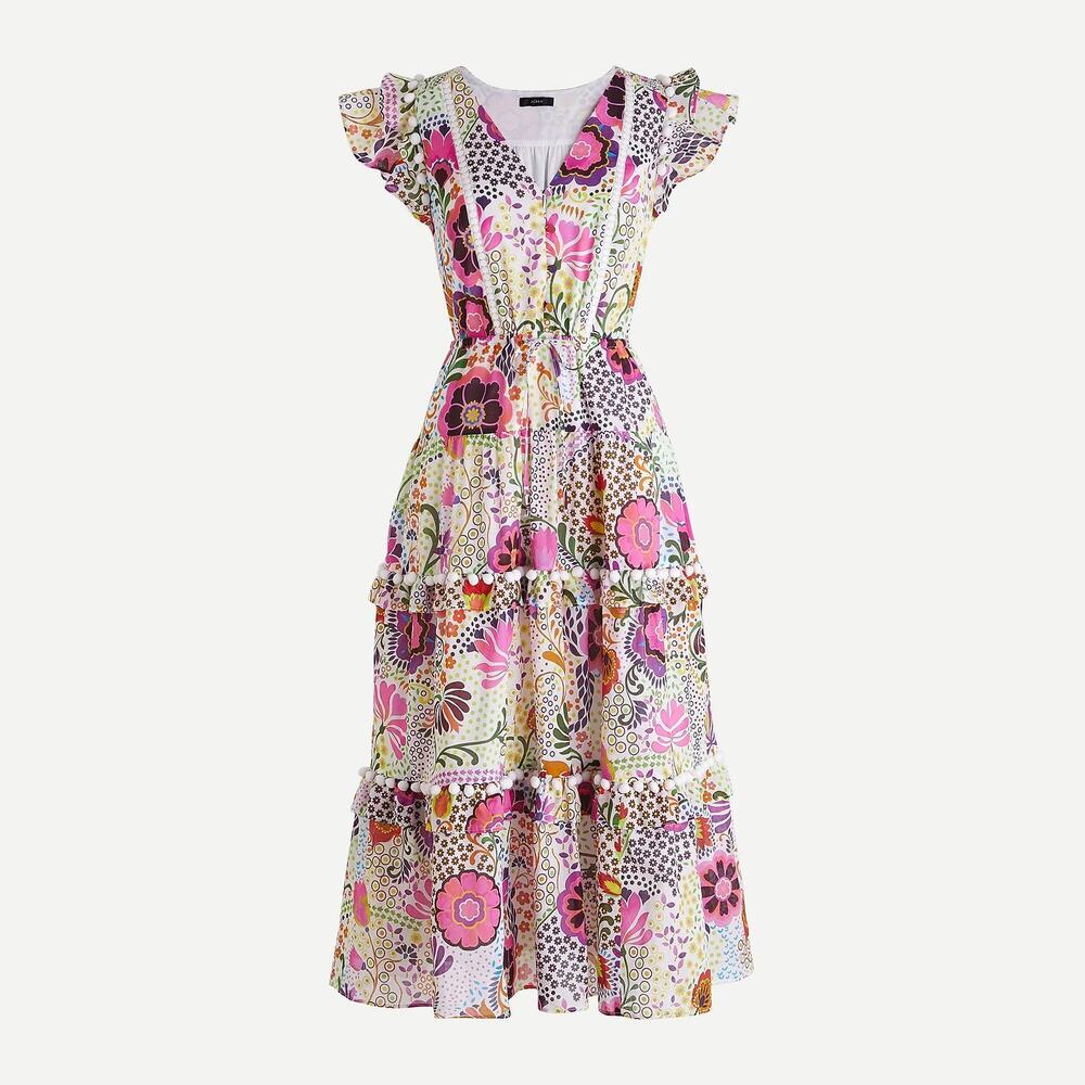 J.Crew Ratti Retro Floral Pom Pom Midi Dress White Size 6 AK624 - Picture 5 of 16